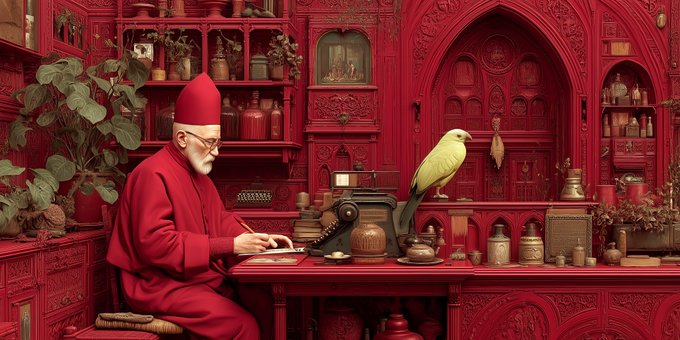 An elderly man in red robes and a tall hat writes at a desk in an ornate red room filled with bottles and intricate woodwork, accompanied by a pale yellow bird perched nearby.