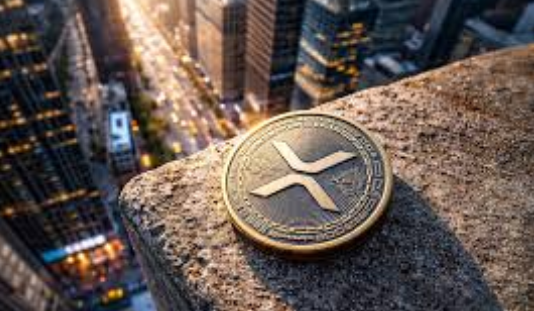 An XRP cryptocurrency coin rests on a stone ledge, overlooking a sunlit city skyline with skyscrapers.