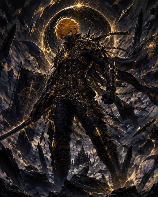 An anime-style illustration of a blonde warrior in dark, spiky armor wielding a katana, surrounded by chains and glowing golden energy effects.