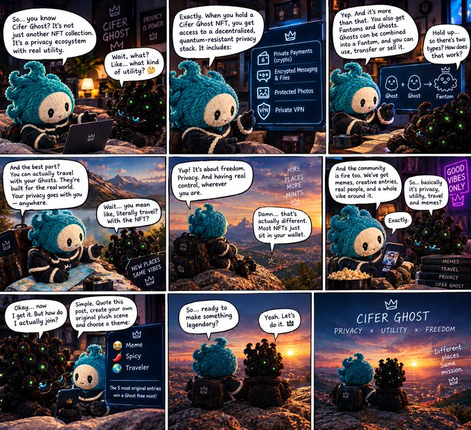 A 9-panel comic features a teal plush character called 'Cifer Ghost' explaining the NFT collection's features including privacy, utility, and a community of Ghosts and Fantom tokens.