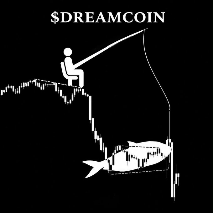 A dark-themed graphic titled '$DREAMCOIN' depicting a stick figure fishing from a falling stock chart line, with the hook catching a fish-shaped candlestick chart.