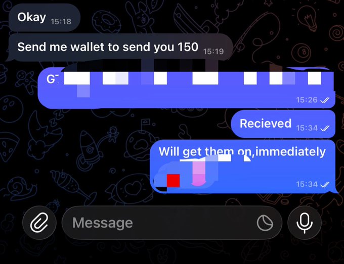 A Telegram chat screenshot shows a conversation where one user requests "Send me wallet to send you 150" at 15:19, followed by the sender sharing a partially redacted crypto wallet address starting with "G" at 15:26, with subsequent messages confirming "Recieved" and "Will get them on immediately" at 15:34. The image serves as proof of payment, demonstrating the seller fulfilling a $150 cryptocurrency transaction, likely related to the advertised 24-hour Telegram shilling service that requires active community members.
