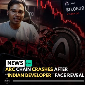 A news thumbnail showing a man next to an ARC coin graphic, with the headline 'ARC CHAIN CRASHES AFTER "INDIAN DEVELOPER" FACE REVEAL' and a price of $0.0639.
