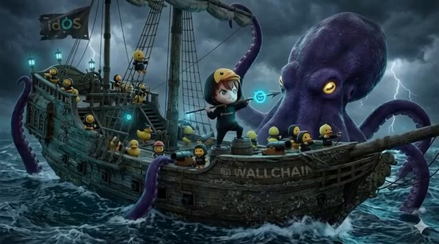 The image features a pirate ship with a large purple octopus as its main target, surrounded by numerous small figures of people who are also part of the pirate crew. The pirate ship appears to be sailing through rough waters, adding an element of danger to the scene. The caption for this image reads "Wallchain is starting a new campaign and it depends on your score in wallchain and top opportunity for earlier is here."