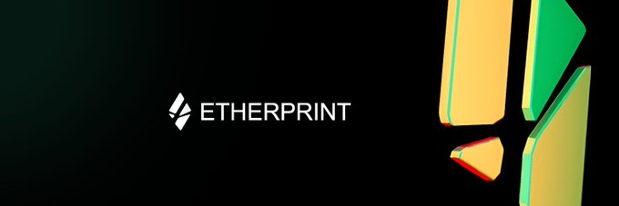 A logo on a black background reads 'ETHERPRINT' next to a large 3D exclamation mark with yellow and green accents and a small pencil graphic.