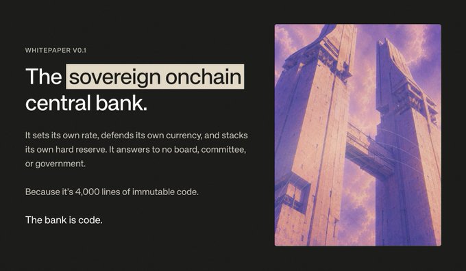 A black whitepaper slide titled 'WHITEPAPER V0.1' reading 'The sovereign onchain central bank,' describing a 4,000-line code-based bank, accompanied by a purple-tinted image of monumental stone pillars.