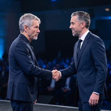 Two men in dark suits shake hands on a stage with a blurred audience in the background.