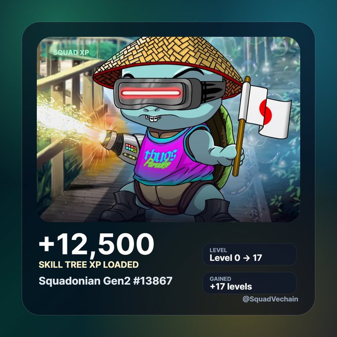 A Squad game achievement card showing a ninja turtle character wearing a straw hat, red VR visor, and purple 'iHUG' tank top, holding a Japanese flag, with '+12,500 SKILL TREE XP LOADED' and 'Level 0 → 17' for Squadonian Gen2 #13867.