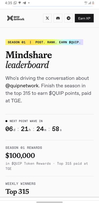 In the image, a user's cell phone screen displays the leaderboard for the Instagram influencer account "quipleaders", which appears to be Quipnetworks or something related. The leaderboard includes the name of the account holder, their top points, and the total rewards they have received. The post highlights how good @quipnetwork followers are at using social media to spread joy; however, only a few users with high-reward posts receive recognition on this particular leaderboard.