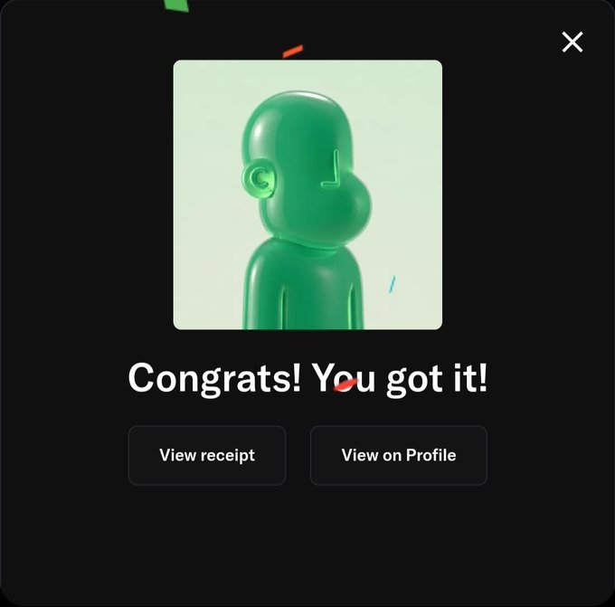 A confirmation pop-up showing a glossy green 3D character with a 'Congrats! You got it!' message, with buttons to 'View receipt' and 'View on Profile'.