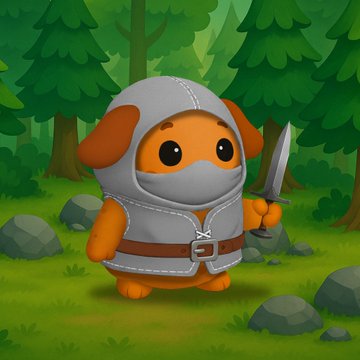A cartoon illustration of an orange puppy character dressed as a knight, wearing armor and holding a sword in a forest setting.