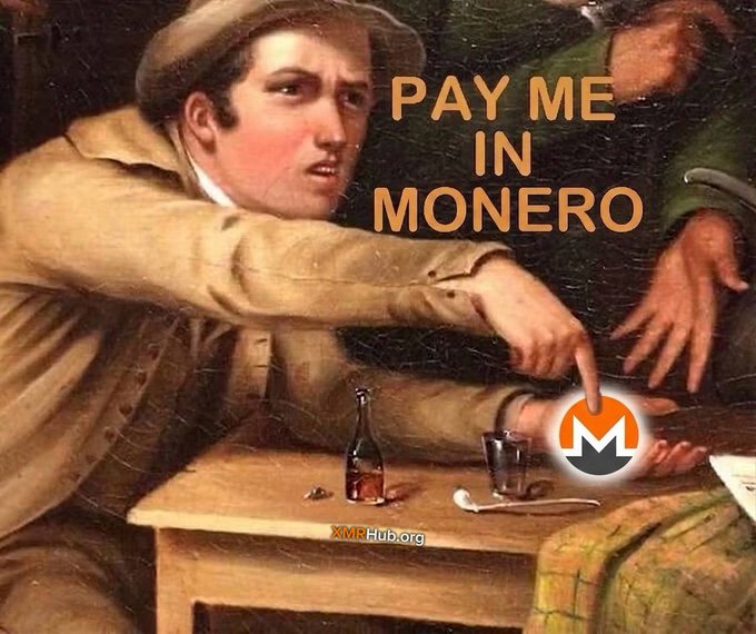A meme featuring a classical painting of a man pointing with the text 'PAY ME IN MONERO' and the Monero cryptocurrency logo, watermarked with 'XMRHub.org'.