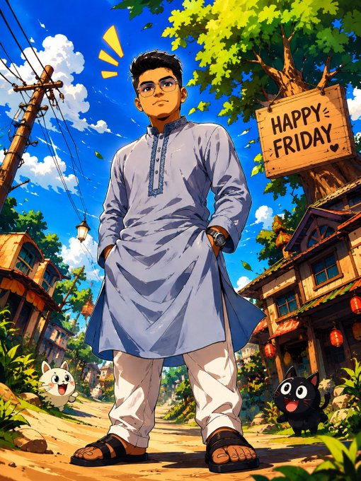 An anime-style illustration of a young man in a light blue traditional tunic and white pants standing on a village street with a 'HAPPY FRIDAY' sign, accompanied by a small white creature and a black cat.