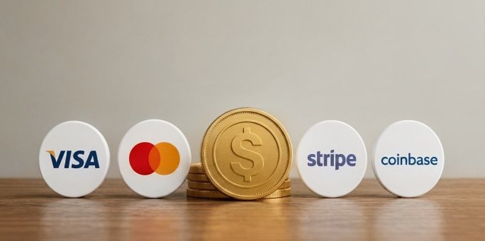 The image features four stacks of coins, each representing a different payment method or cryptocurrency - Visa, Mastercard, Ripple, and Coinbase. The coins are stacked vertically, with the largest coin at the bottom and the smallest one at the top. The coins are arranged in a way that they appear to be floating above a gray surface, possibly a wooden table. The image also includes text that reads "Stripes + Visa + Mastercard + Coinbase", suggesting that these four payment methods or cryptocurrencies could potentially join forces around a stablecoin.