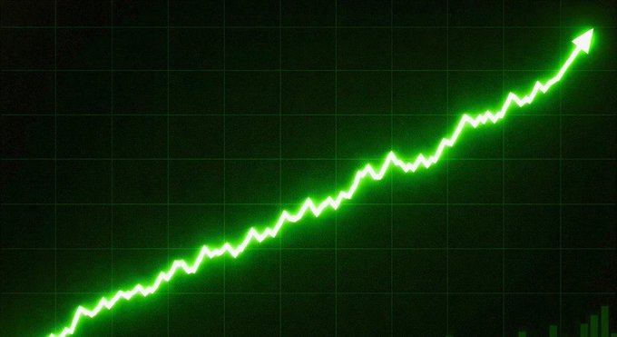 A glowing green chart with a sharply rising arrow trends upward across a dark gridded background, visually symbolizing a strong bullish breakout. The upward trajectory and bright neon glow suggest imminent price surge momentum, fitting the post's question about which memecoin is poised to breakout.
