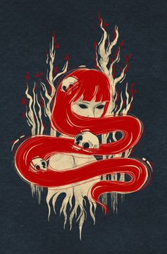 The image features a stylized illustration of a red-haired siren emerging from skeletal flames, holding skulls amid flowing red ribbons, set against a dark background. The haunting artwork visually echoes the "Siren" collectible mentioned in the post, complementing the Tezos Tuesday NFT celebration.