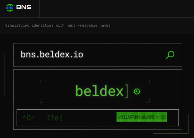 Dark-themed interface for 'BNS - Simplifying identities with human-readable names,' displaying the domain 'bns.beldex.io' and the name 'beldex' in green digital styling.