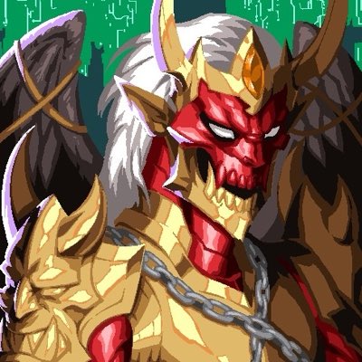 A digital illustration of a red demon character with white hair, golden horns, and ornate golden armor, set against a green background.