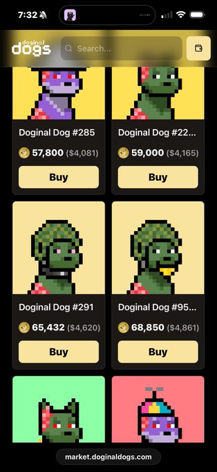 A mobile screenshot of a marketplace at market.doginaldogs.com showing pixel art NFT dogs like 'Doginal Dog #285' priced at 57,800 and others with 'Buy' buttons.