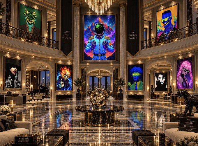A luxurious mansion interior displaying multiple framed portraits of pop culture and musical figures on the walls, including an astronaut, goblin, and various artists, with banners reading "ART LIVES FOREVER" and "A BOLDER WORLD".