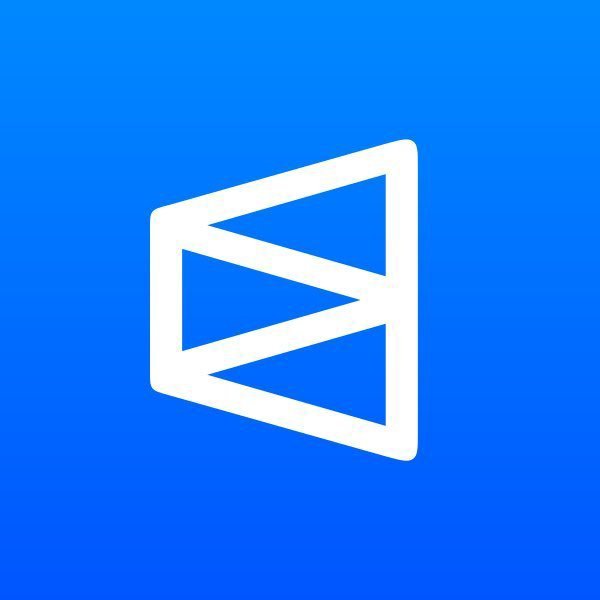 A white geometric play-button-like logo on a solid blue background.