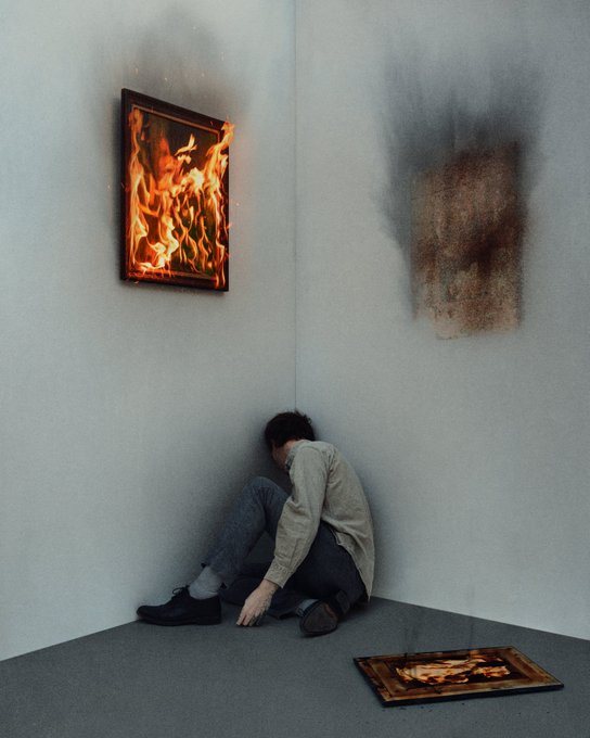 An art installation or conceptual photograph featuring a person sitting on the floor in the corner of a white room, positioned below two burning artworks hanging on the walls, with a third burning piece lying on the floor nearby.