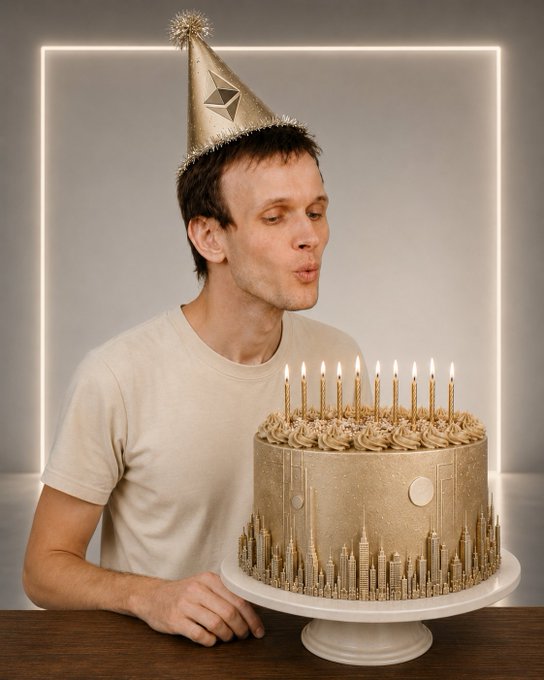 Vitalik Buterin, wearing an Ethereum-logoed party hat, blows out the candles on a golden cake adorned with city skylines, celebrating 11 years of Ethereum. This image visually represents the celebration of Ethereum's anniversary, as referenced in the accompanying post.