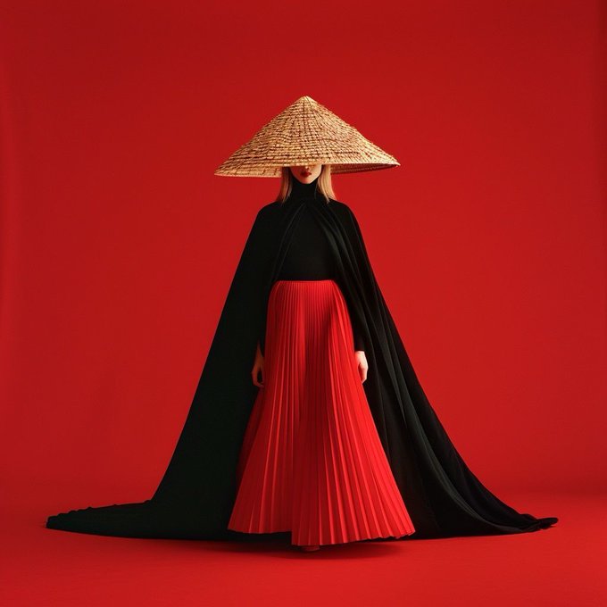 A figure stands against a vivid red backdrop, wearing a wide, conical straw hat that obscures their face, paired with a flowing black cape, a pleated red skirt, and a black top, creating a striking contrast of color and texture.