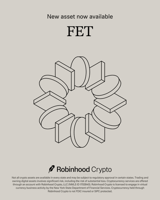 New asset FET is now available on Robinhood Crypto, as indicated by the image and the accompanying social media post tagging @RobinhoodApp. This announcement implies a new cryptocurrency listing.