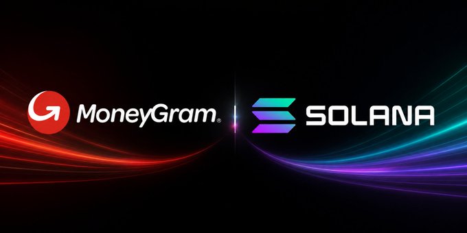 The image features the MoneyGram logo (red circle with "G" and white "MoneyGram" text) on the left and the Solana logo (purple-to-teal gradient "S" symbol with white "SOLANA" text) on the right, separated by a glowing light against a dark background with flowing red and teal light streaks. The graphic visually represents the partnership announcement, symbolizing the connection between MoneyGram's global payments network and the Solana blockchain.