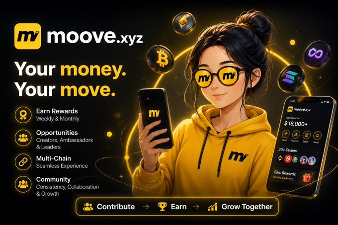 A promotional graphic for 'moove.xyz' featuring an anime-style woman in a yellow hoodie and 'MV' glasses holding a phone, with text 'Your money. Your move.' and features listed including 'Earn Rewards', 'Opportunities', 'Multi-Chain', and 'Community', showing a balance of '$16,000+' and '30+ Chains'.