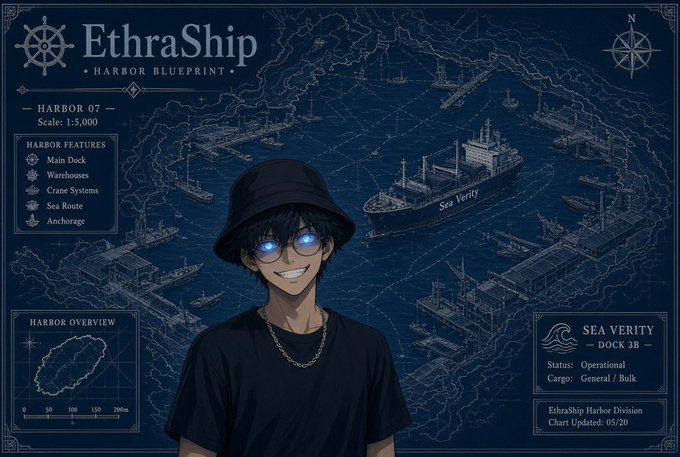 An anime-style illustration of a smiling boy with glasses and a bucket hat against a detailed harbor blueprint background titled 'EthraShip Harbor Blueprint', featuring ships and navigation charts.