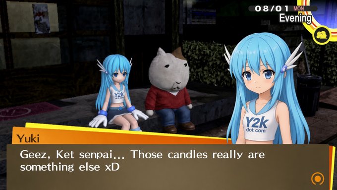 A screenshot from a video game shows anime-style blue-haired characters in 'Y2K dot.com' shirts and a cat figure in a red sweater, with dialogue from 'Yuki' reading: 'Geez, Ket senpai... Those candles really are something else xD'. The timestamp reads '08/01 MON Evening'.