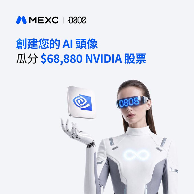A promotional graphic for "MEXC | 0808" with Chinese text translating to "Create your AI avatar, share $68,880 NVIDIA stocks," featuring a futuristic woman in a white suit with digital glasses holding an NVIDIA logo.