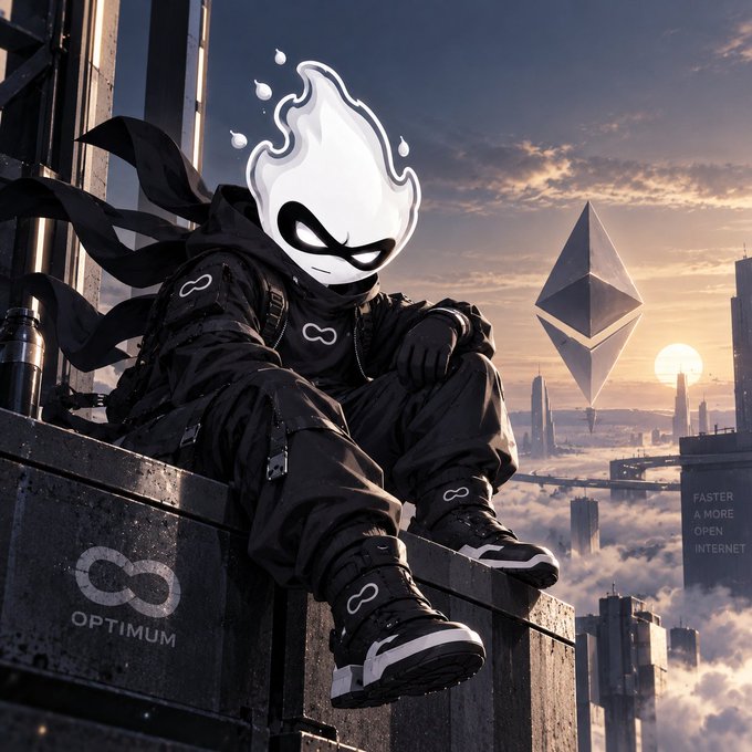 A stylized illustration of a figure in all-black streetwear with a white flame-like mask, sitting on a rooftop ledge with an Ethereum logo and futuristic cityscape behind them; text reads 'OPTIMUM' and 'FASTER A MORE OPEN INTERNET'.