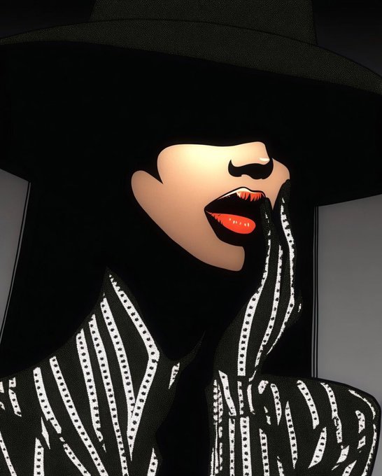 A stylized digital illustration of a person wearing a wide-brimmed black hat and a black and white striped outfit, with only their red lips and mustache visible.
