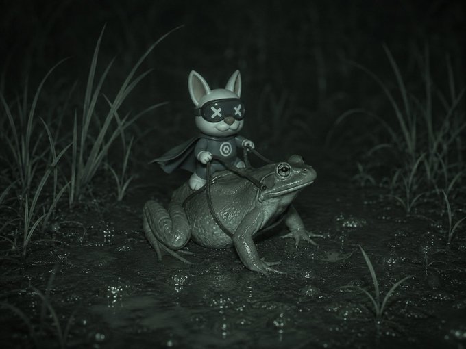 A dark, stylized 3D render of a small cartoon character wearing a black mask and cape riding on the back of a large frog in a swampy environment.