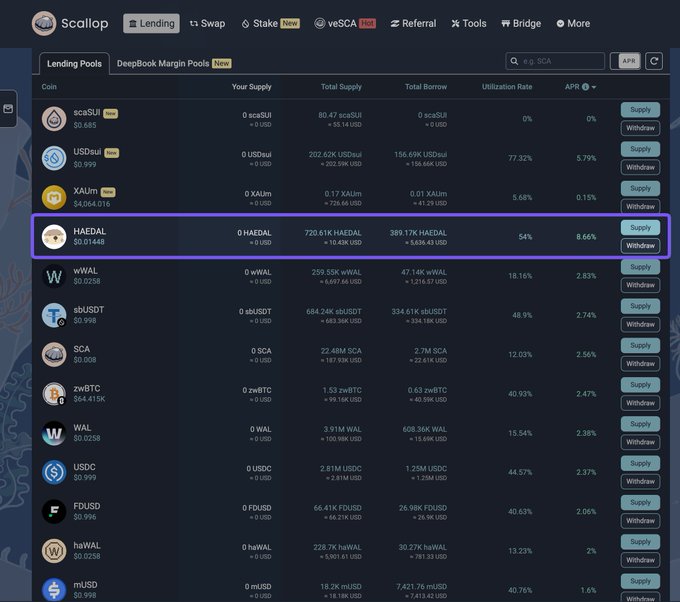 A Scallop Lending Pools dashboard listing various cryptocurrencies with the HAEDAL coin highlighted in a purple box, showing a total supply of 720.61K HAEDAL.