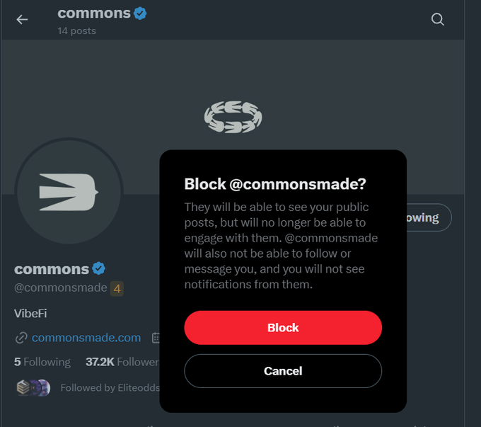 A screenshot of a social media profile for 'commons' (@commonsmade) showing a confirmation dialog box with 'Block @commonsmade?' and red 'Block' and 'Cancel' buttons.