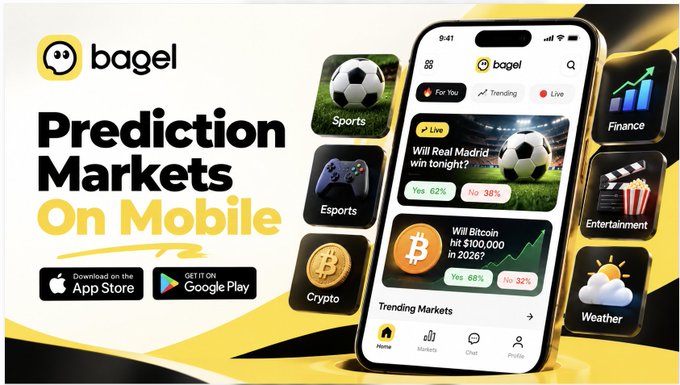 Promotional graphic for the “bagel” app reading “Prediction Markets On Mobile,” with App Store and Google Play badges, category tiles for Sports, Esports, Crypto, Finance, Entertainment, and Weather, and a smartphone mockup.