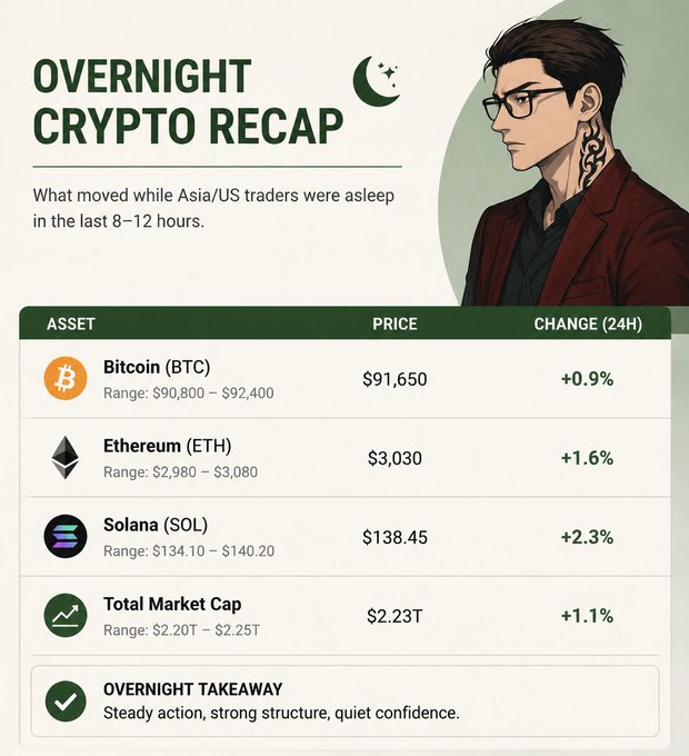 An 'Overnight Crypto Recap' infographic showing overnight price movements: Bitcoin (BTC) at $91,650 (+0.9%), Ethereum (ETH) at $3,030 (+1.6%), Solana (SOL) at $138.45 (+2.3%), with a total market cap of $2.23T (+1.1%) and takeaway: 'Steady action, strong structure, quiet confidence.'