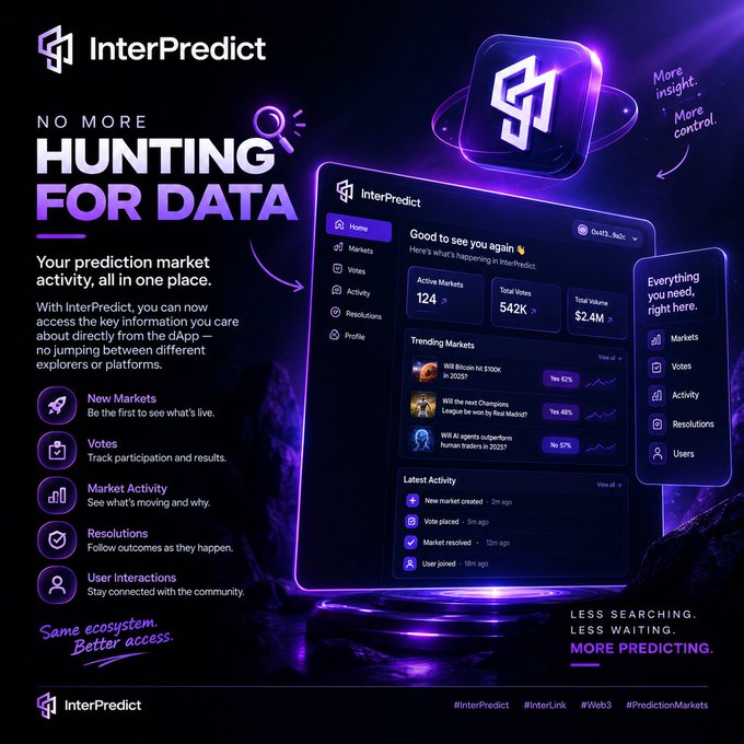 A promotional graphic for InterPredict, a prediction market dApp on the Interlink network, featuring purple neon styling and the tagline 'NO MORE HUNTING FOR DATA' with 'LESS SEARCHING. LESS WAITING. MORE PREDICTING.'