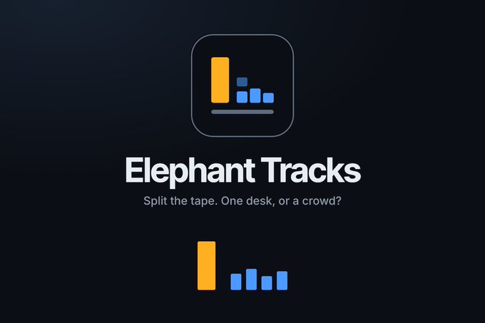 A dark promotional graphic features a bar chart icon and the title "Elephant Tracks" with the tagline "Split the tape. One desk, or a crowd?"—visually echoing the post's point about uncovering a single wallet ("one desk") dominating 62% of sell-side volume within a seemingly small +2.1% net flow reading, illustrating the kind of hidden concentration that CoinMarketCap's DEX API can reveal.