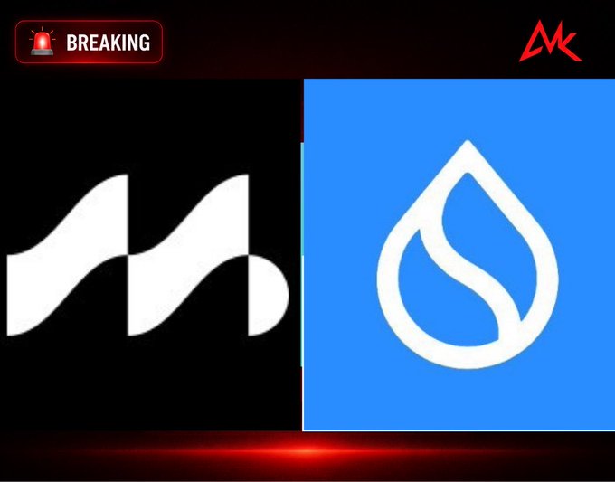 News graphic with a 'BREAKING' alert showing the logos of two companies side by side: a black square with a white 's' logo on the left and a blue square with a white water drop logo on the right.