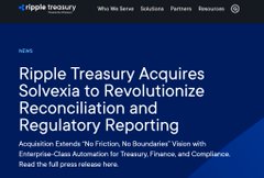 A webpage headline reading 'Ripple Treasury Acquires Solvex to Revolutionize Reconciliation and Regulatory Reporting' from ripple treasury.