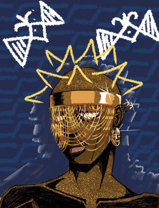 An anime-style digital illustration of a character with spiky hair, a metallic face mask, and a drip of liquid, set against a dark blue patterned background with symbols in the upper corners.