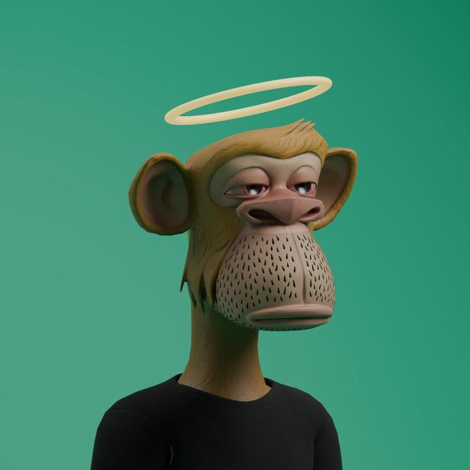 A 3D-rendered monkey character wearing a black shirt and a glowing halo floats against a teal background.