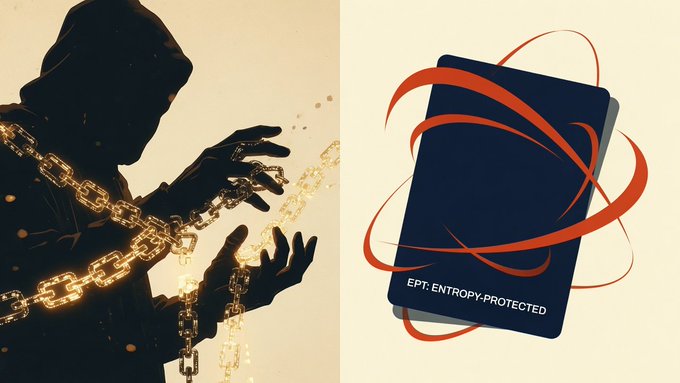 A split image showing a hooded figure breaking glowing digital chains on the left and a dark device labeled 'EPT: ENTROPY-PROTECTED' wrapped in red ribbon on the right.