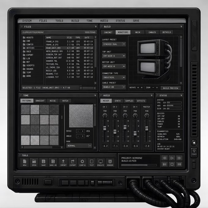 A digital control panel interface displayed on a monitor with various tabs like SYSTEM, FILES, TOOLS, BUILD, TONE, and AUDIO. The screen shows file directories, tone patterns, audio mixer settings, and a 3D preview of stacked CRT monitors with the project name "PROJECT: SCREENZ".