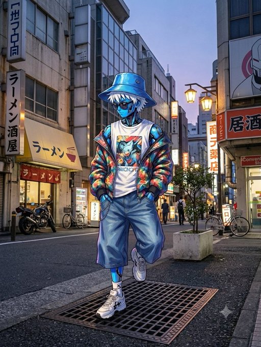 A blue-skinned anime character wearing a blue bucket hat, sunglasses, and a colorful jacket stands on a Japanese street lined with ramen shops and Japanese signage.